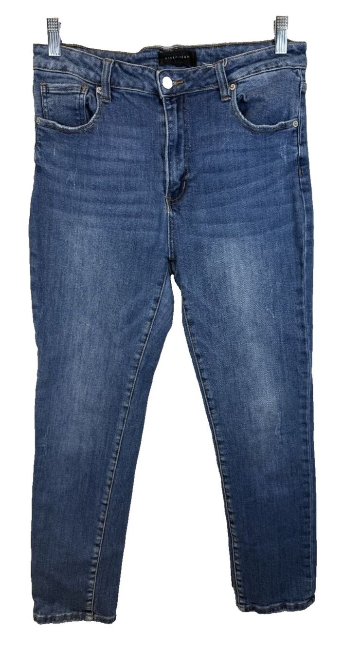 RISEN Distressed Straight Leg Jeans 15 32 High Rise RDP1417 Stretch Blue Denim
